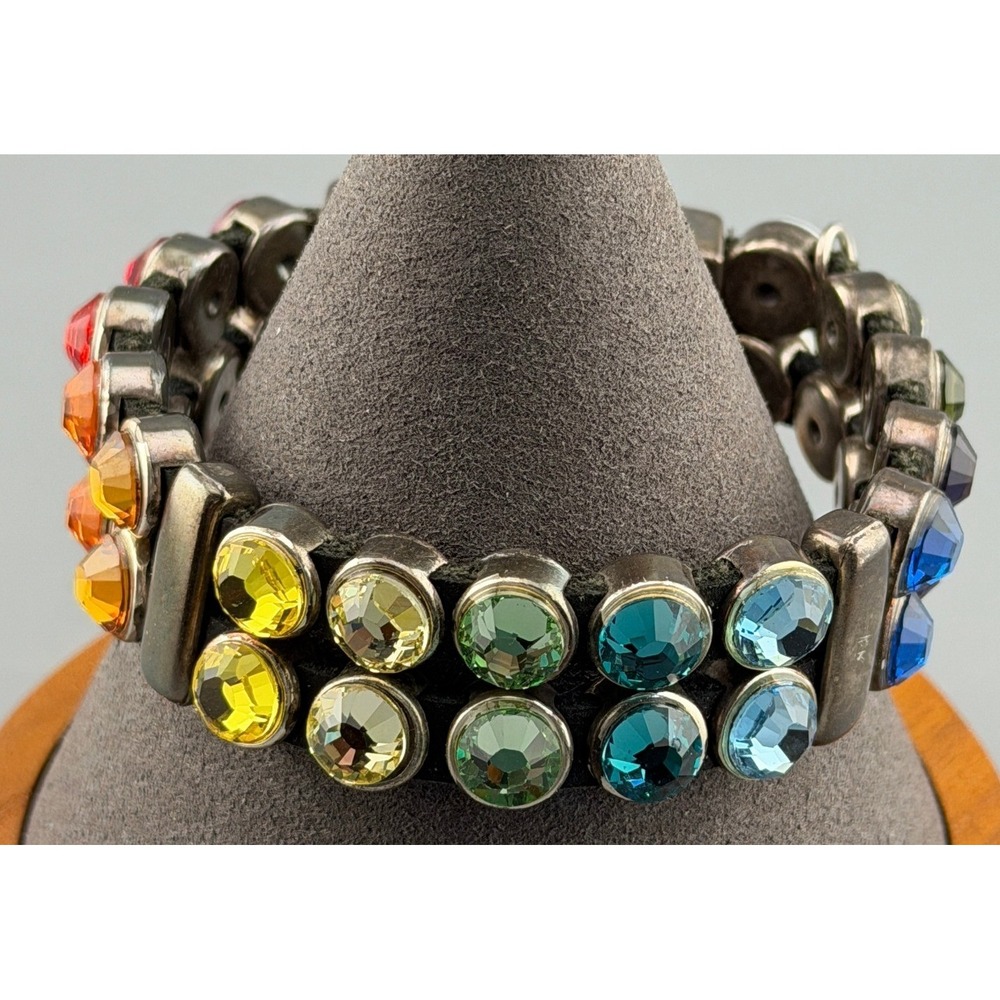 Vintage HEET Rainbow Rhinestone Bracelet Silver Tone Push Lock Statement 7.5"